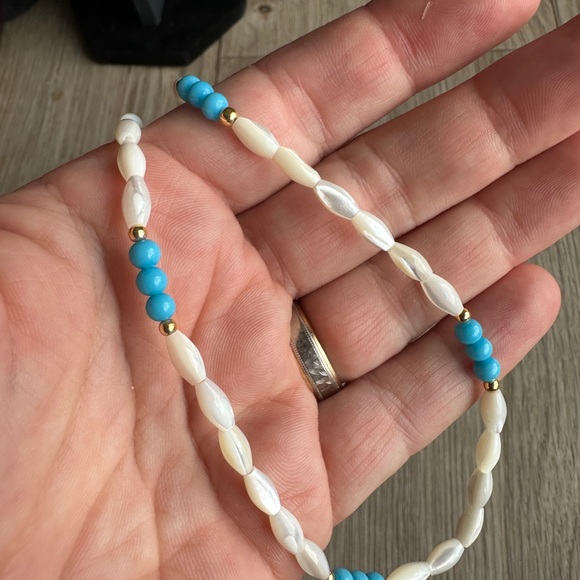 Freshwater Rice Pearl Necklace w turquoise and gold accents, vintage 1980s - Picture 3 of 6